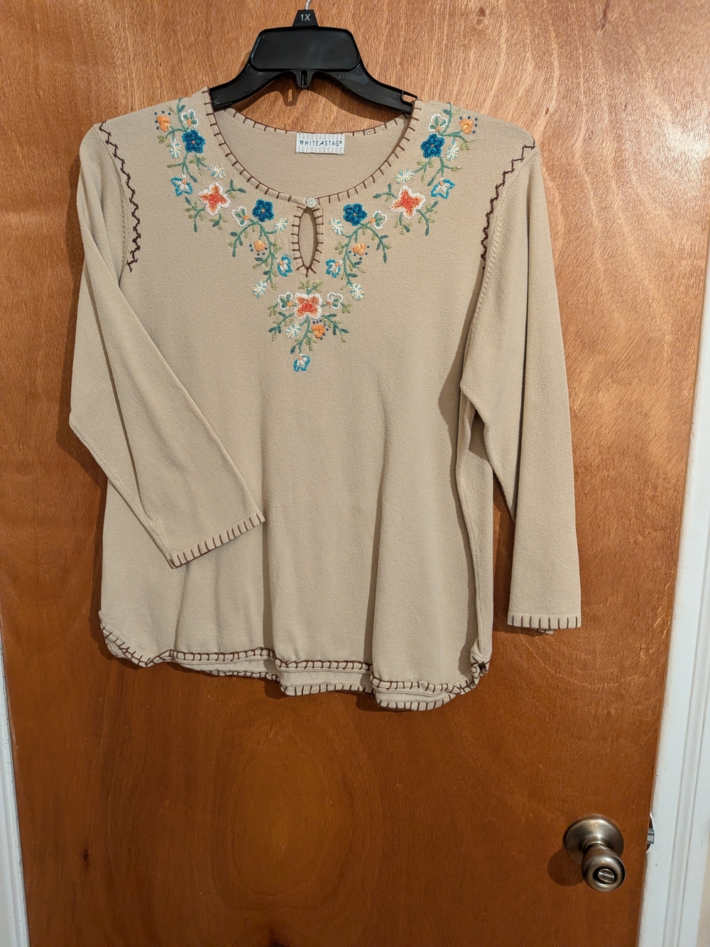 White Stag Beige Long Sleeve Top with Floral Embroidery